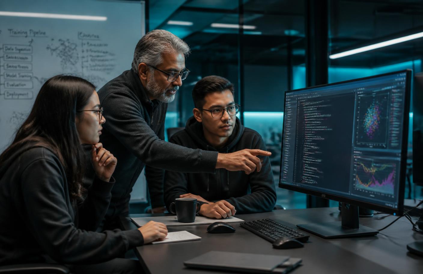 Senior engineer mentoring two young engineers
