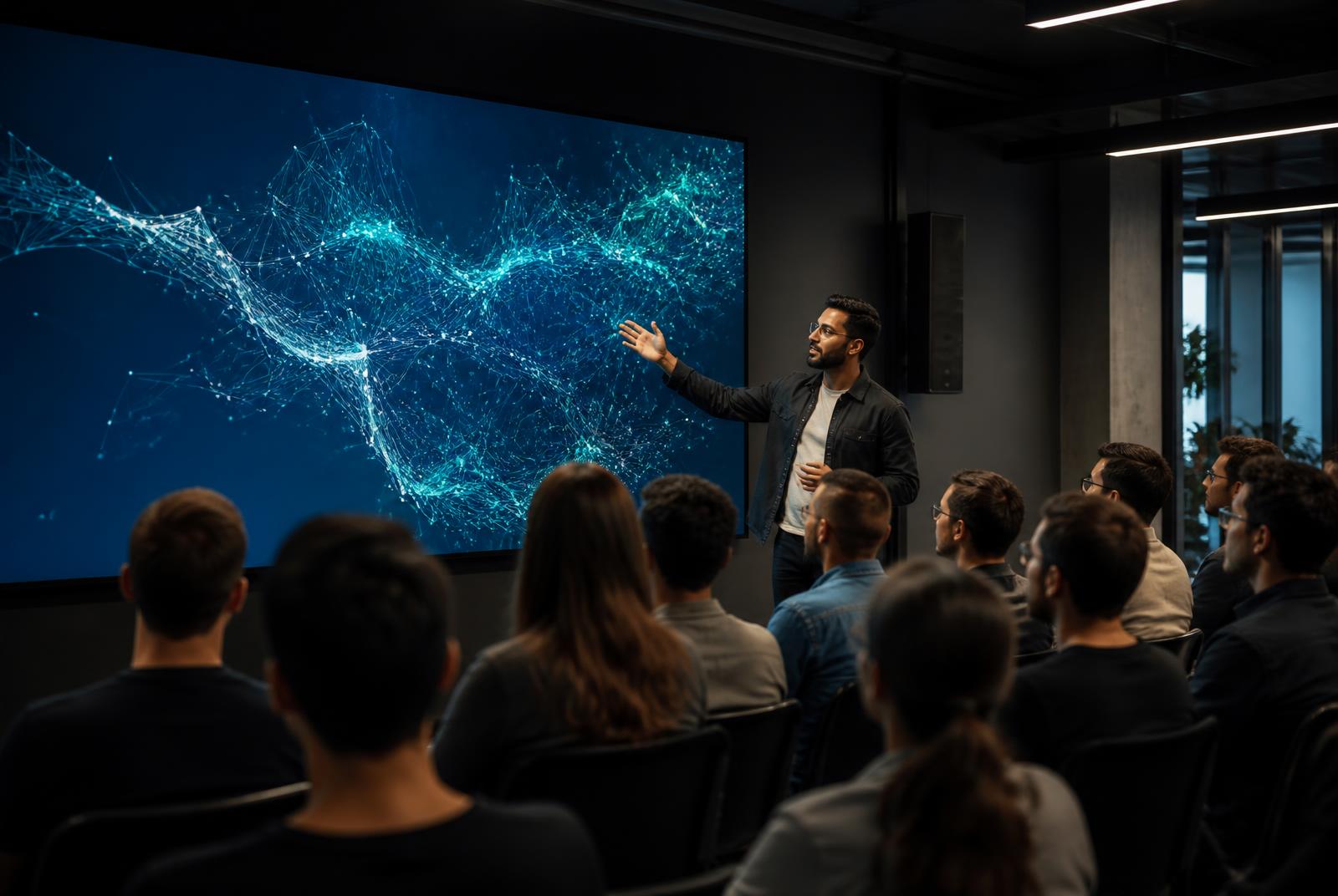 An AOS engineer presenting a network visualisation to colleagues during a technical session