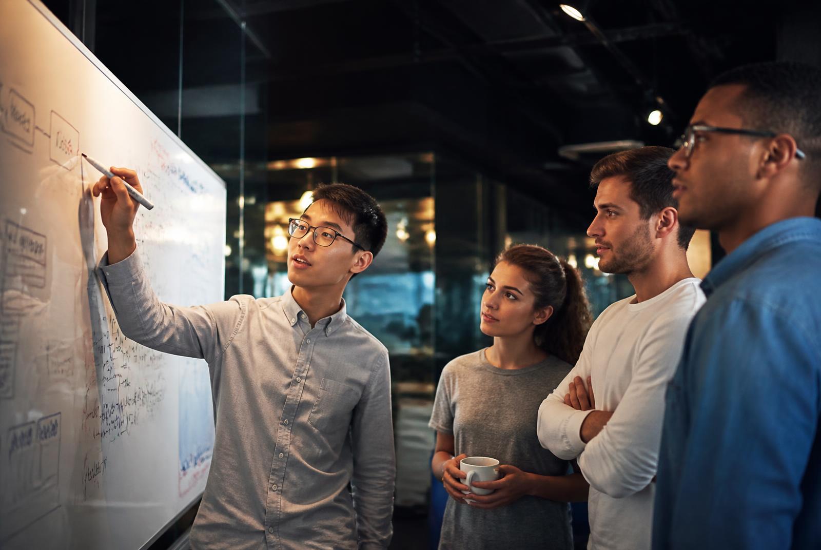 A team of AOS engineers discussing a system diagram on a whiteboard