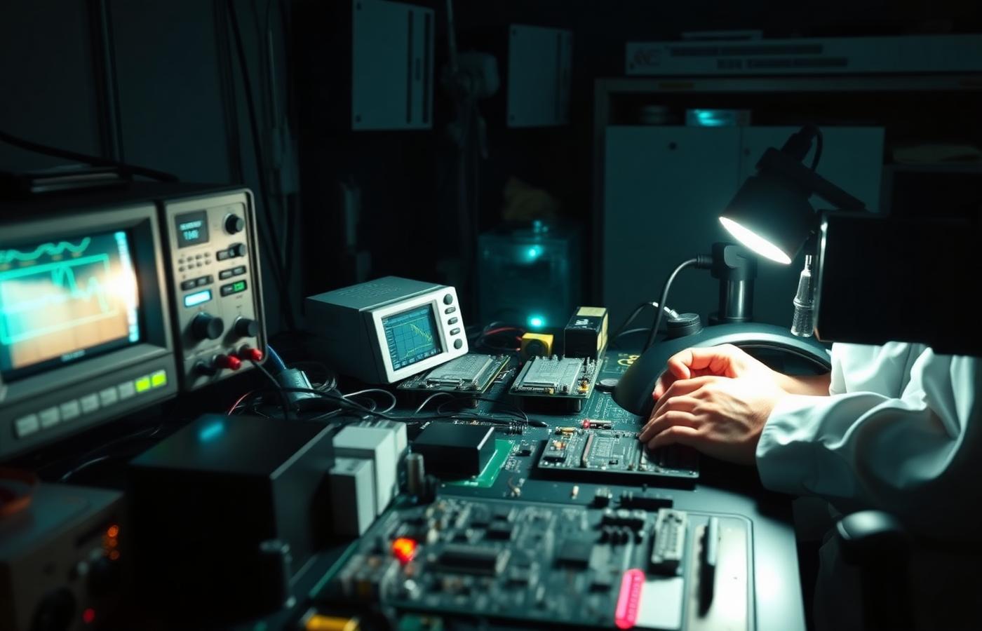 Engineer working at an electronics prototyping bench